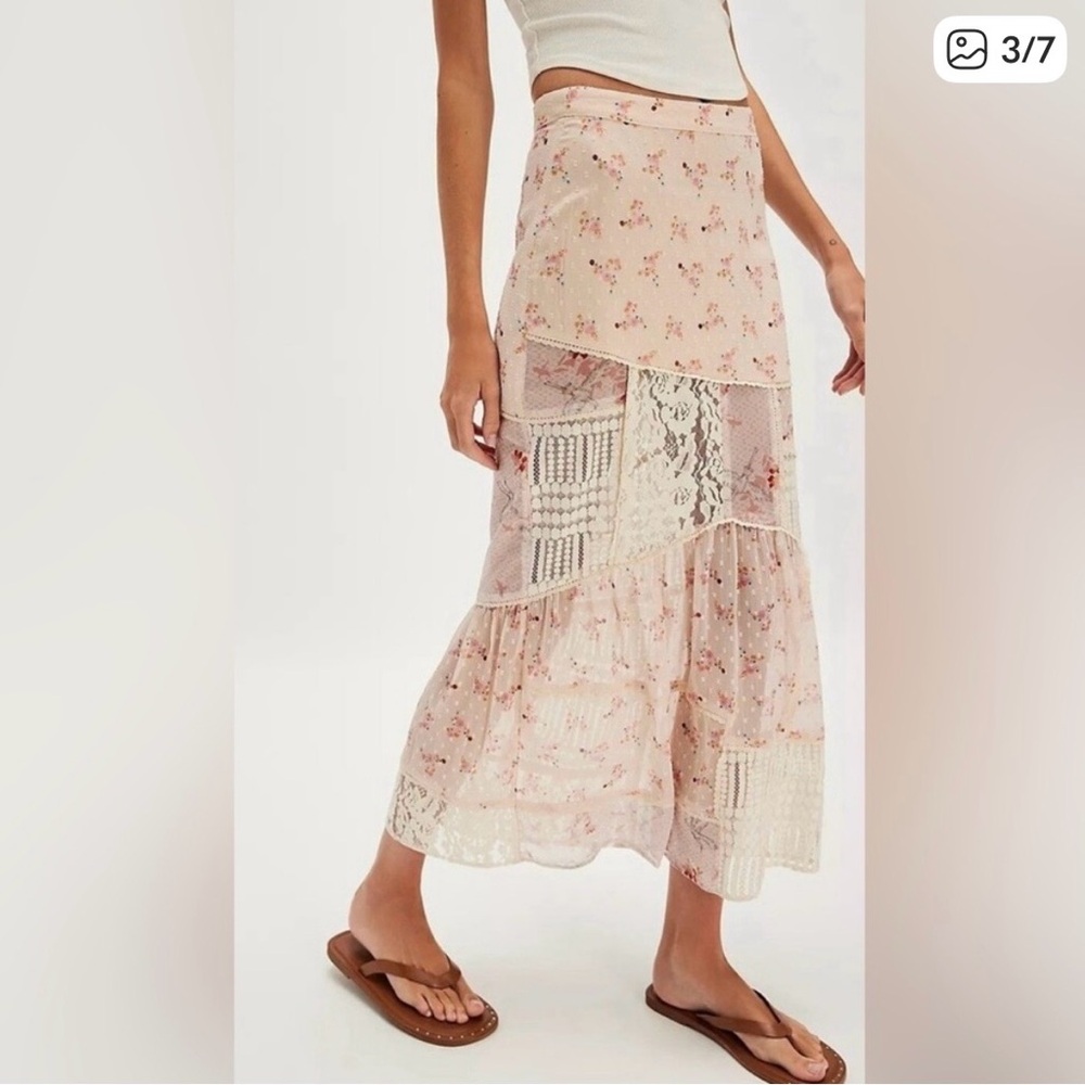 Free People Floral Lace Maxi Skirt - Peach and Cream